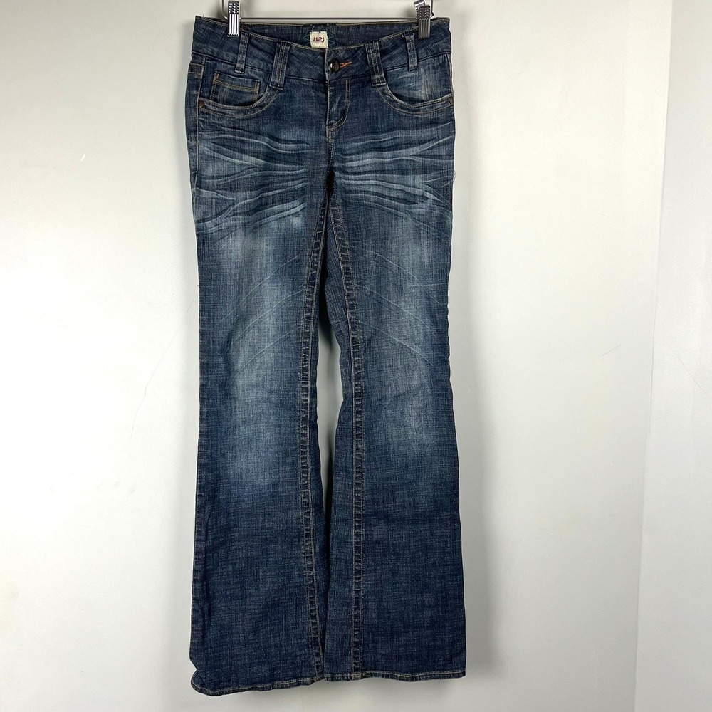 H2J Womens Dark Wash Star Pocket Low Rise Bootcut Flare Jeans Sz 5/6 Grunge Y2k
